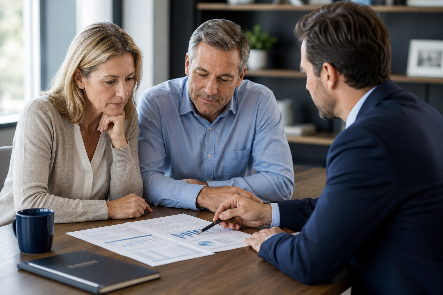 Couple reviewing retirement planning information with a financial professional